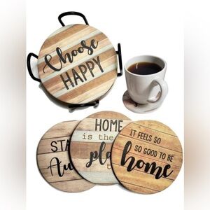 PANCHH Rustic Farmhouse Stone & Cork Coasters, Set of 6 With Holder